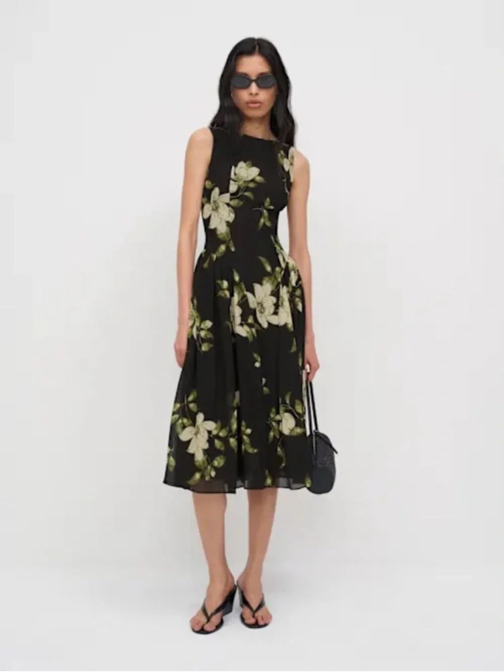 Reformation Anelis Midi Dress - Black with Floral, size 6